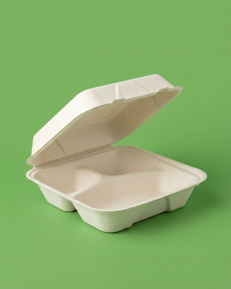 8x8 Inch Medium Bagasse Clamshell 3-Compartment - Eco-Friendly Meal Box