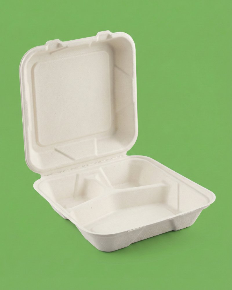 9x9 Inch Large 3-Compartment Bagasse Clamshell - Eco-Friendly Meal Container