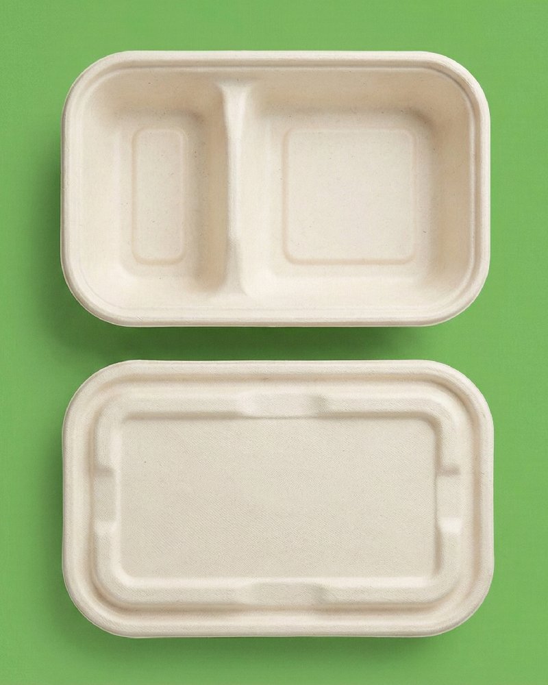 2-Compartment Bagasse Takeaway Box - Eco-Friendly Divided Container