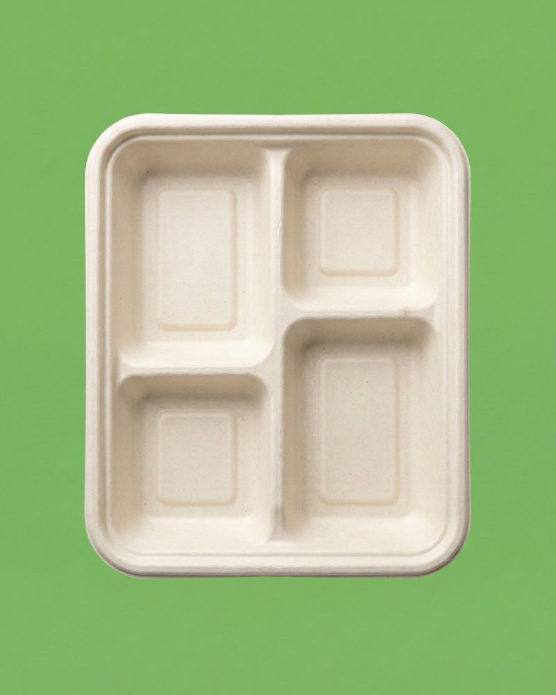 4 Compartment Bagasse Airline Meal Tray - Eco-Friendly Compostable Tray